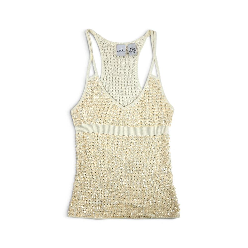 Vintage Sequin Crochet Tank Top Armani Knit Racerback Cream - Size Small